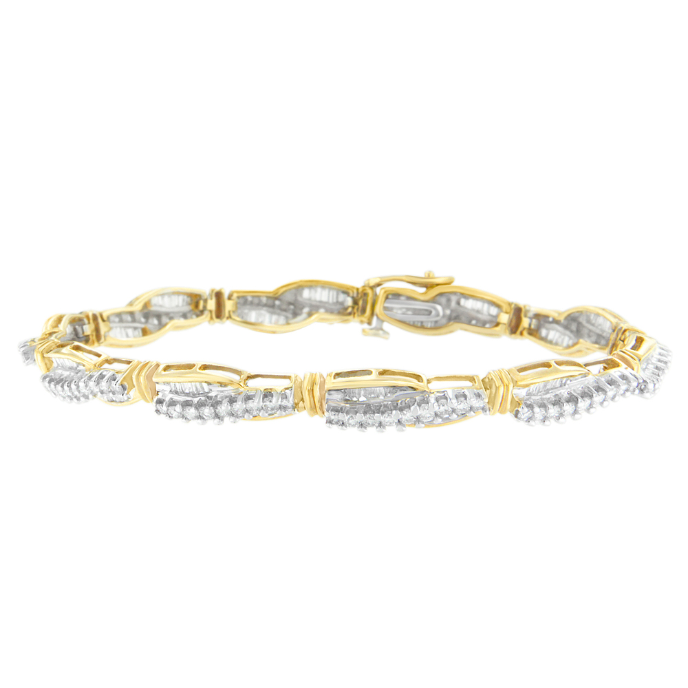 14K Yellow Gold Round and Baguette Cut Winding Love Diamond Bracelet (3.00
